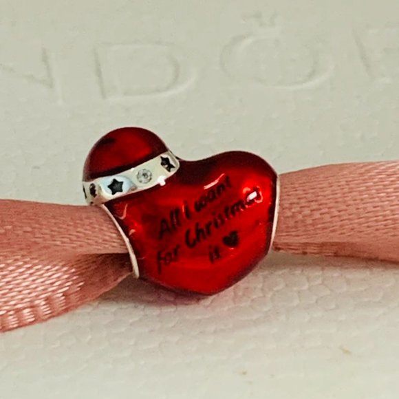 Pandora Metallic Red Christmas Heart Charm All want for Christmas Heart Pendant - Picture 1 of 7